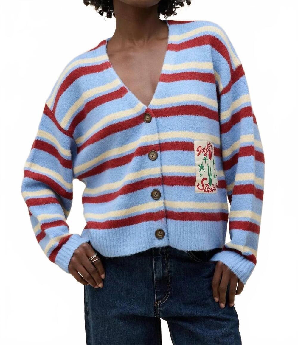 NEW DAYDREAMER stripe v-neck slouch cardigan in blue/red/cream